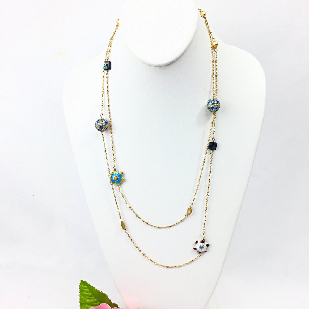 Lux Divine Layered Abalone Shell & Cloissone Bead Gold Necklace